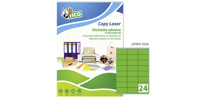 Etichette adesive Tico in carta fluorescente verde 70x36mm, 24 etichette per foglio, adesivo permanente, laser/inkjet, 70 fogli