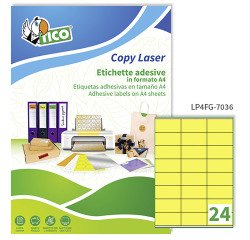 Etichette adesive Tico in carta fluorescente gialla 70x36mm, 24 etichette per foglio, adesivo permanente, laser/inkjet, 70 fogli