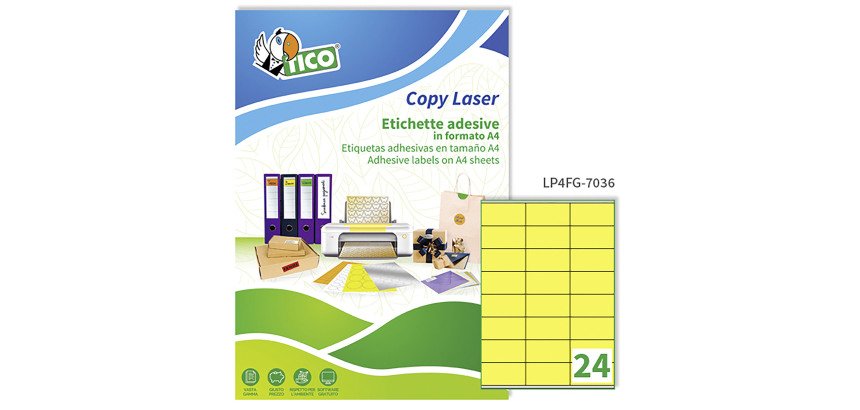 Etichette adesive Tico in carta fluorescente gialla 70x36mm, 24 etichette per foglio, adesivo permanente, laser/inkjet, 70 fogli