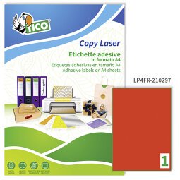 Etichette adesive Tico in carta fluorescente rosso 210x297mm, 1 etichette per foglio, adesivo permanente, laser/inkjet, 70 fogli