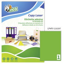 Etichette adesive Tico in carta fluorescente verde 210x297mm, 1 etichetta per foglio, adesivo permanente, laser/inkjet, 70 fogli