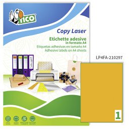 Etichette adesive Tico in carta fluorescente arancione 210x297mm, 1 etichetta per foglio, adesivo permanente, laser/inkjet, 70 fogli