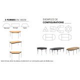 Table Multiforme Confort 140 x 70 chêne clair pied noir avec bords arrondis antichocs