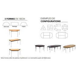 Table Multiforme Confort 140 x 70 chêne clair pied noir avec bords arrondis antichocs