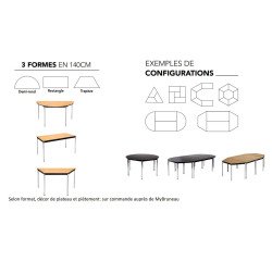 Table Multiforme Confort 140 x 70 chêne clair pied noir avec bords arrondis antichocs