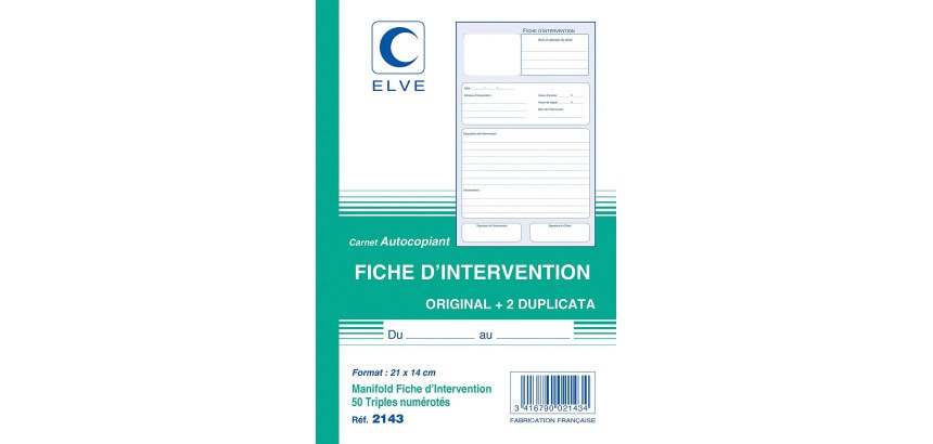 Manifold ficher d'intervention Elve 21 x 14 cm,  50 feuillets tripli