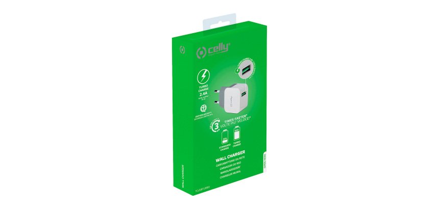 Celly Caricatore USB-A da Muro 12W Turbo - Caricatore alimentatore TURBO USB-A da muro 12W USB-A per Smartphone o Tablet TCUSBTURBO