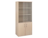Wooden bookshelf with tall glass doors and lower wood doors H 182 x W 80 cm light oak