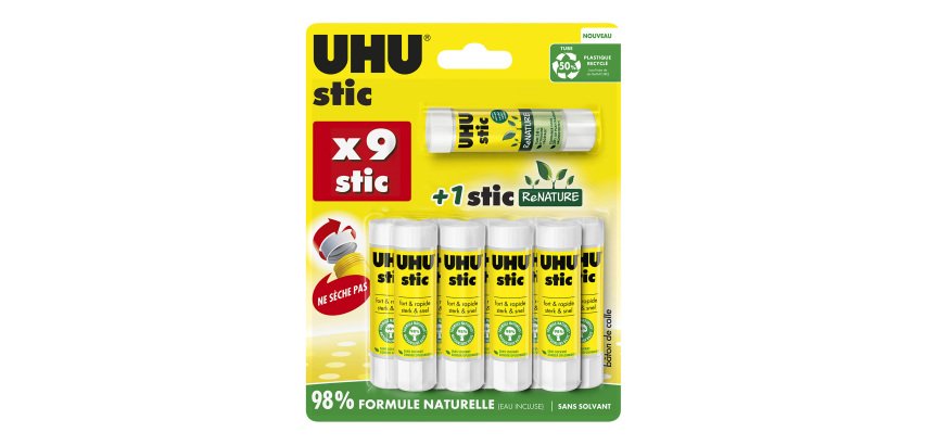 Set of 9 UHU permanent glue sticks 8.2 g standard + 1 Renature stick 8.2 g UHU