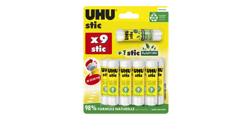 Set of 9 UHU permanent glue sticks 8.2 g standard + 1 Renature stick 8.2 g UHU