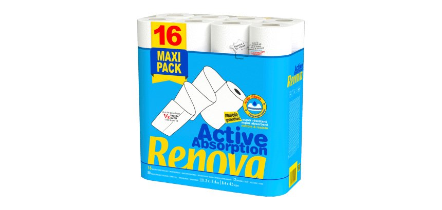 Essuie-tout Active Absorption 1/2 feuille Renova - Paquet de 16 rouleaux