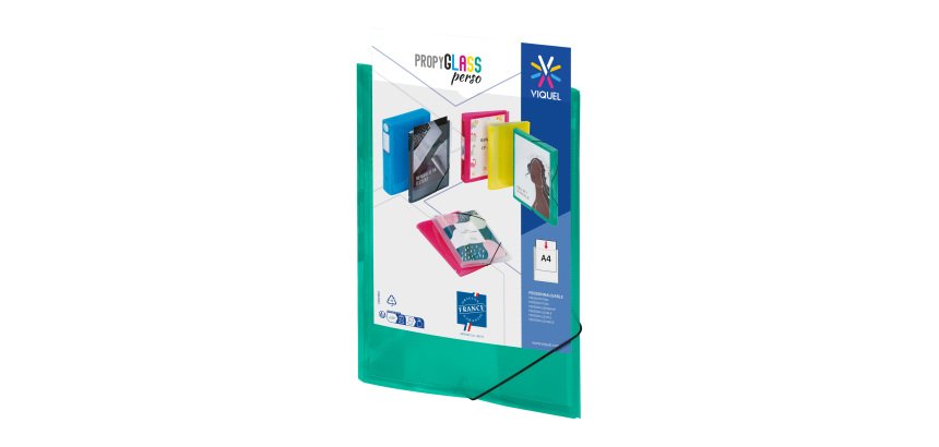 Chemise à élastique 3 rabats plastique personnalisable Viquel Propyglass 24 x 32 cm dos 1,5 cm