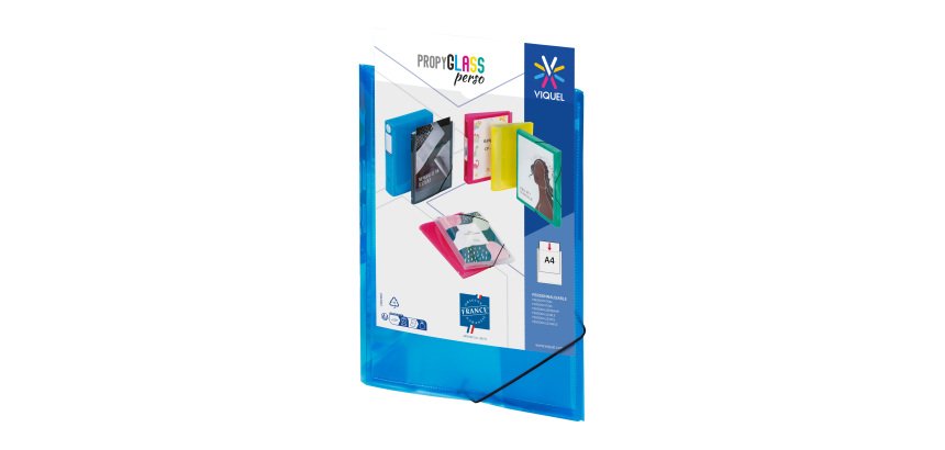 Chemise à élastique 3 rabats plastique personnalisable Viquel Propyglass 24 x 32 cm dos 1,5 cm