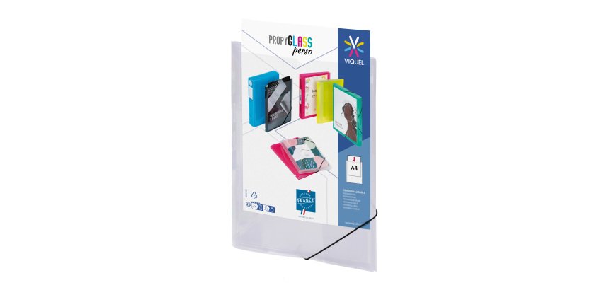 Chemise à élastique 3 rabats plastique personnalisable Viquel Propyglass 24 x 32 cm dos 1,5 cm