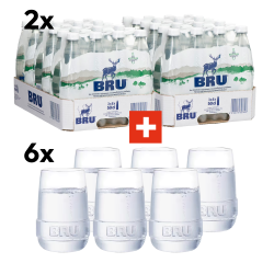Promopack BRU: 2 x 24 flesjes Bru 50 cl + 6 Bru glazen gratis