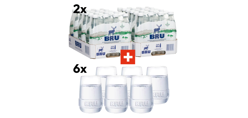 Promopack BRU: 2 x 24 flesjes Bru 50 cl + 6 Bru glazen gratis