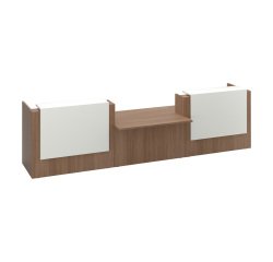 Banque d'accueil droite noyer/blanc L 426 cm avec module bas au centre - Guest