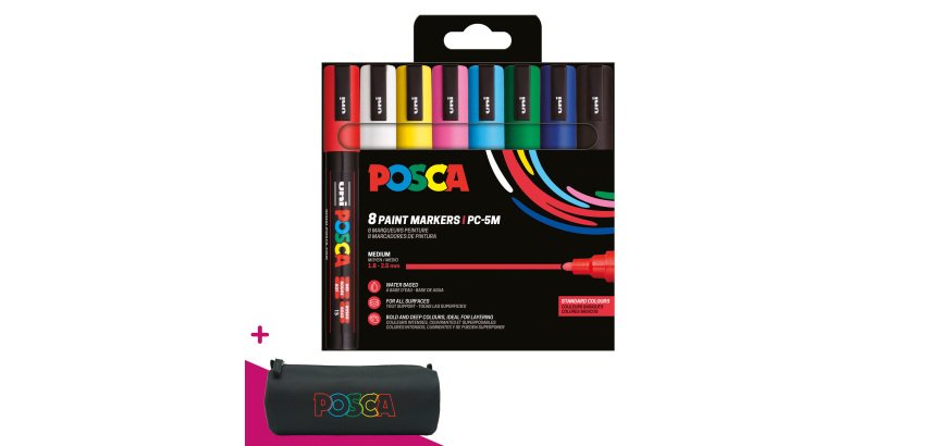 Marqueur Posca PC5M couleurs assorties pointe ogive 1,8 à 2,5 mm - Étui de 8 = 1 trousse offerte