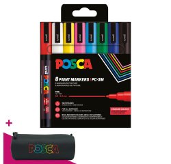 Marqueur Posca PC3M pointe ogive 0,9 à 1,3 mm couleurs assorties - Étui de 8 = 1 trousse offerte