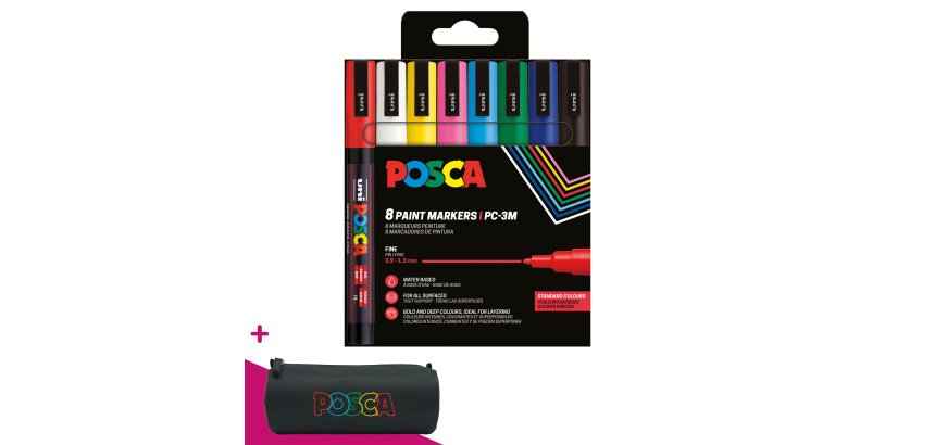 Marqueur Posca PC3M pointe ogive 0,9 à 1,3 mm couleurs assorties - Étui de 8 = 1 trousse offerte