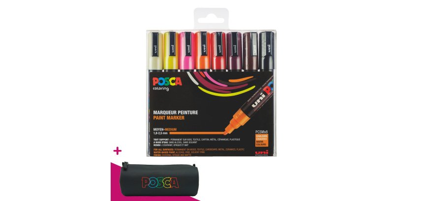 Marqueur Posca PC5M couleurs chaudes assorties pointe conique 1,8 à 2,5 mm - Étui de 8 = 1 trousse offerte