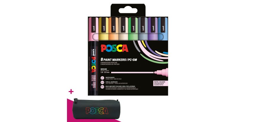 Marqueur Posca PC5M couleurs pastel assorties pointe conique 1,8 à 2,5 mm - Étui de 8 = 1 trousse offerte