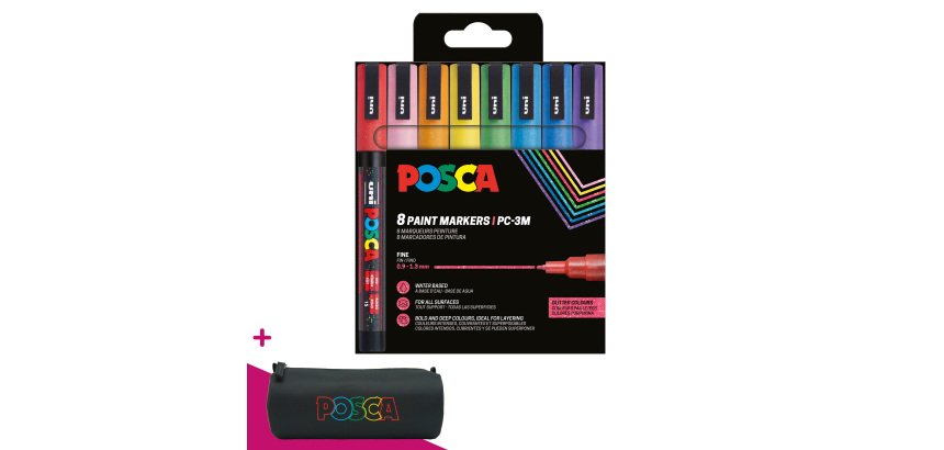 Marqueur Posca PC3ML pointe ogive 0,9 - 1,3 mm couleurs assorties pailletées - Étui de 8 = 1 trousse offerte