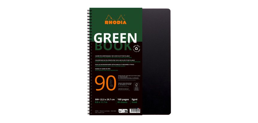 Cahier spirale Rhodia Greenbook A4+ 22,5 x 29,7 cm - ligné - perforé 4 trous - 160 pages - couverture polypropylène