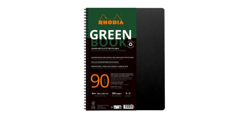 Cahier spirale Rhodia Greenbook A4+ 22,5 x 29,7 cm - petits carreaux - perforé 4 trous - 160 pages - couverture carte souple