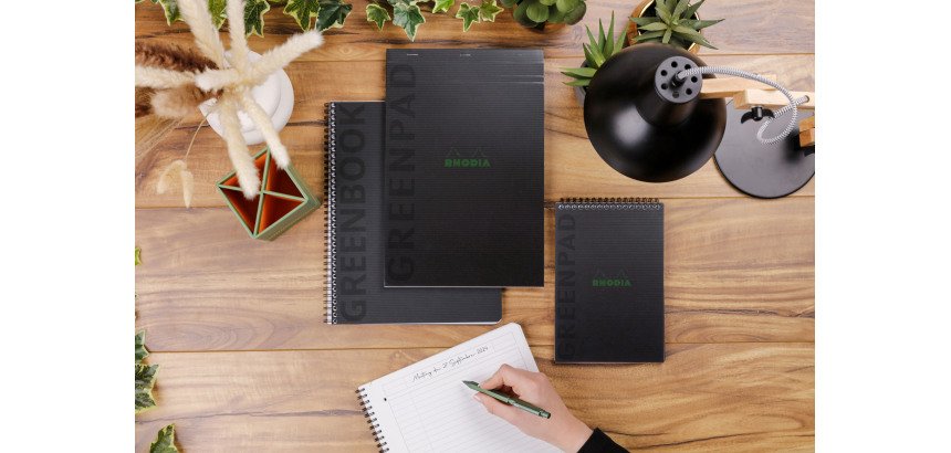 Cahier spirale Rhodia Greenbook A4+ 22,5 x 29,7 cm - petits carreaux - perforé 4 trous - 160 pages - couverture carte souple