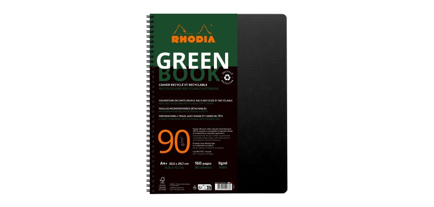 Cahier spirale Rhodia Greenbook A4+ 22,5 x 29,7 cm - ligné - perforé 4 trous - 160 pages - couverture carte souple