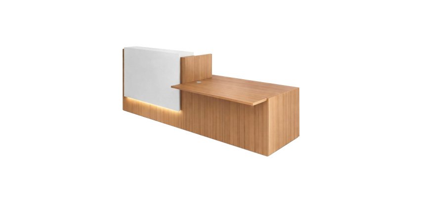 Empfangstheke rechts Jana L 286 cm mit PMR-Modul rechts Struktur Fuß Nussbaum / Platte Nussbaum / Top Weiß