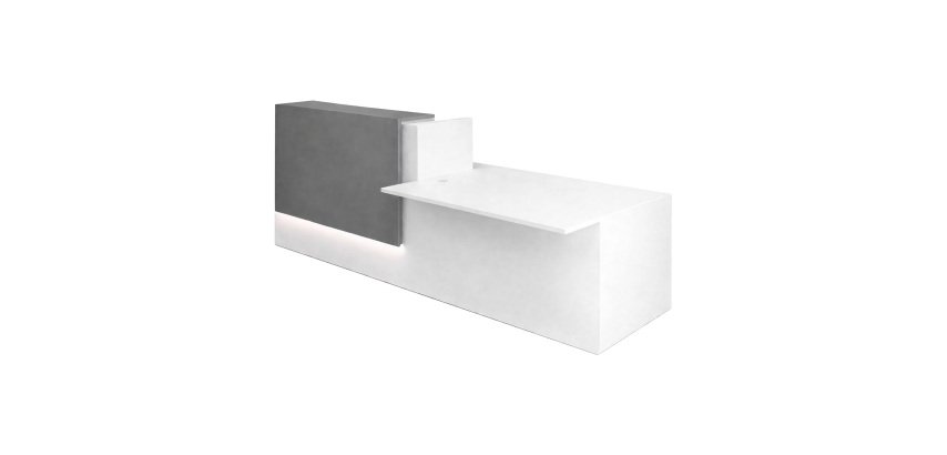 Banque d'accueil droite Jana L 286 cm avec module PMR à droite structure pied blanc / plateau blanc / top anthracite laqué