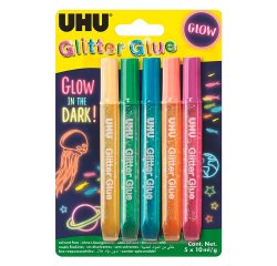 Colle pailletée Glitter Glue UHU couleurs Glow in the dark - Etui de 5