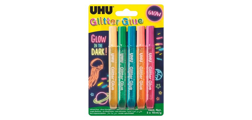 Colle pailletée Glitter Glue UHU couleurs Glow in the dark - Etui de 5
