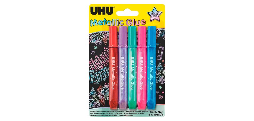 Colle pailletée Glitter Glue UHU couleurs Metallic - Etui de 5