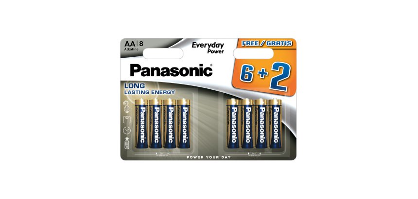 Pack 8 pilas alcalinas LR06 AA 6+2 GRATIS Everyday Power Panasonic