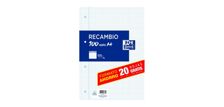 Recambio para carpeta de anillas 100 hojas 4x4 A4 Oxford