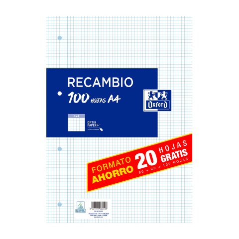 Recambio para carpeta de anillas 100 hojas 4x4 A4 Oxford