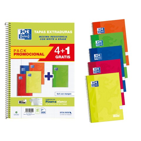 Cuadernos Write&erase tapa dura Fº 80 hojas 4x4 colores vivos Oxford - Pack 4 + 1 GRATIS