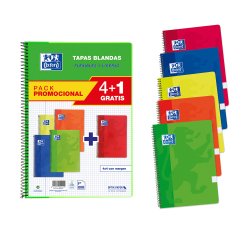 Cuadernos tapa blanda folio 80 hojas 4x4 colores vivos Oxford - Pack 4 +1 GRATIS
