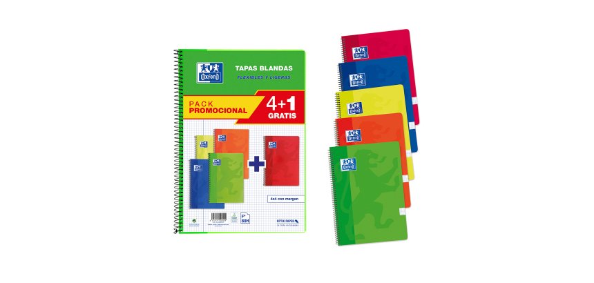 Cuadernos tapa blanda folio 80 hojas 4x4 colores vivos Oxford - Pack 4 +1 GRATIS