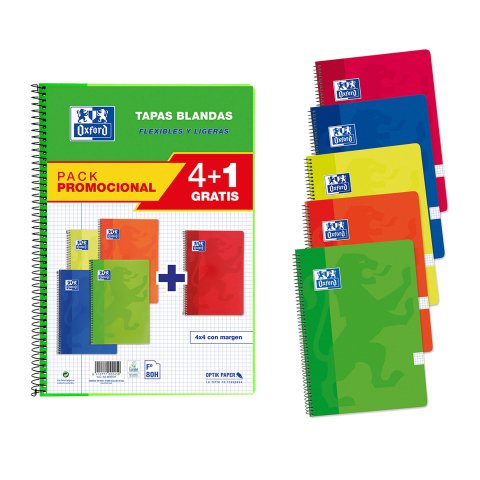 Cuadernos tapa blanda folio 80 hojas 4x4 colores vivos Oxford - Pack 4 +1 GRATIS