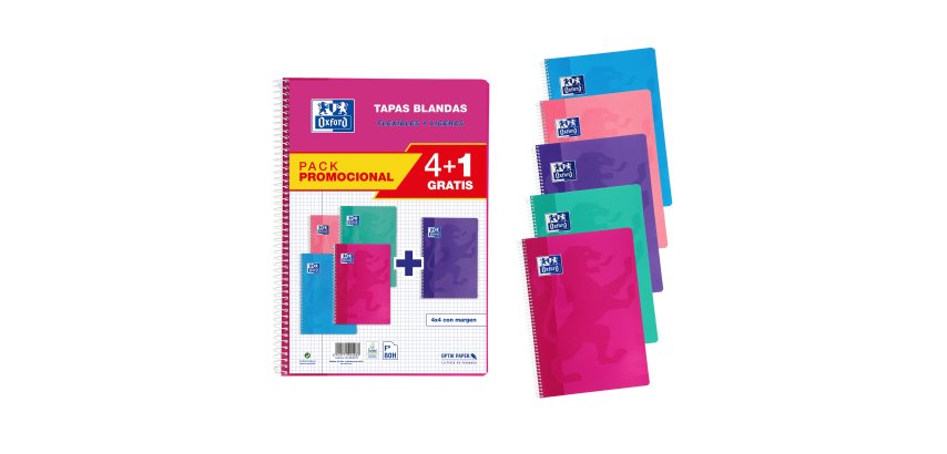 Cuadernos tapa blanda Folio 80 hojas 4x4 colores tendencia Oxford - Pack 4 + 1 GRATIS