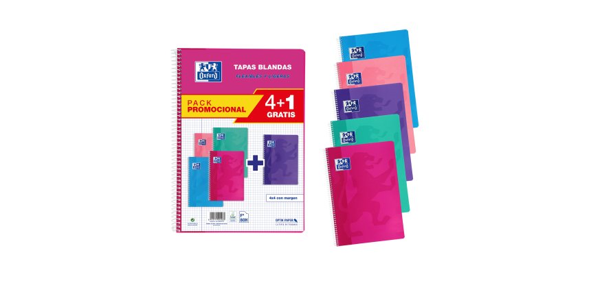 Cuadernos tapa blanda Folio 80 hojas 4x4 colores tendencia Oxford - Pack 4 + 1 GRATIS