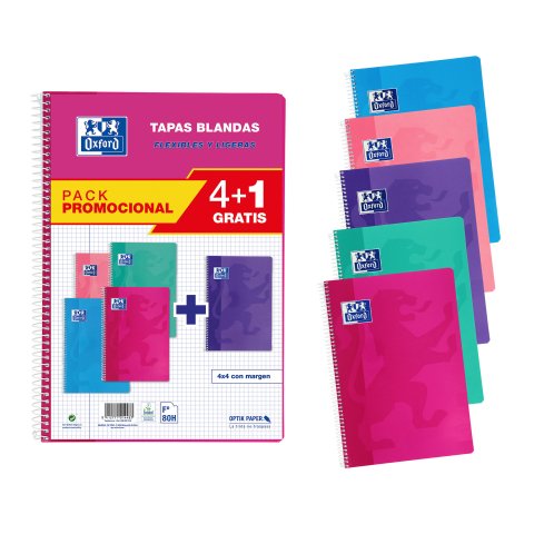 Cuadernos tapa blanda Folio 80 hojas 4x4 colores tendencia Oxford - Pack 4 + 1 GRATIS
