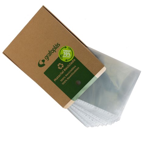 Fundas multitaladro 70% recicladas polipr. liso reciclado 70 micras 11 taladros A4 - Caja de 100