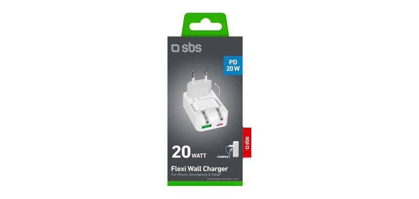 SBS Caricatore da parete Flexi Wall Charger 20W con spina pieghevole