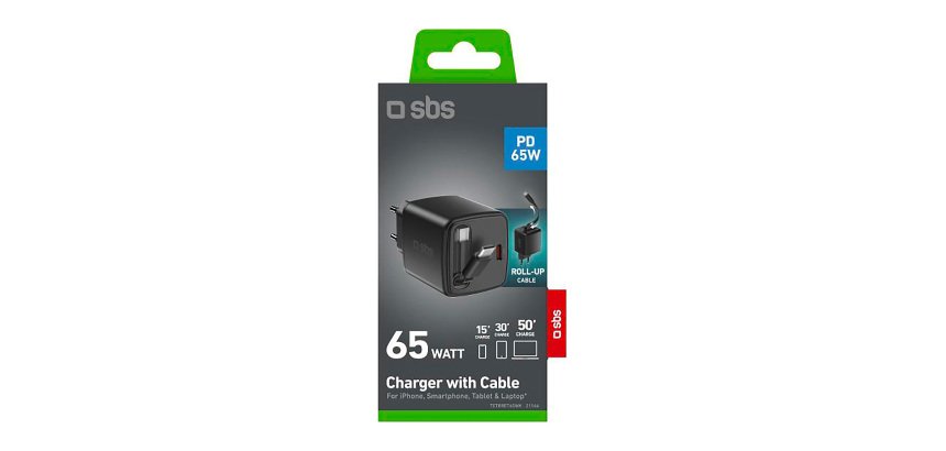 SBS Caricatore USB-C 65W con cavo retrattile GaN