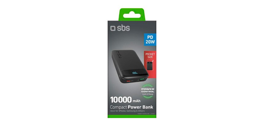 SBS Powerbank compatto da 10.000 mAh con ricarica rapida e display LCD